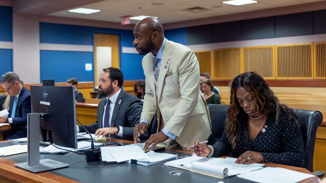 Fulton County Special Prosecutor Nathan Wade speaks to Fulton County Superior Judge Scott McAfee during a jury questionnaire hearing at the Fulton County Courthouse on October 16, 2023 in Atlanta, Georgia.