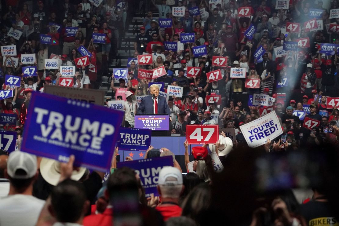 Former President Donald Trump speaks at a rally in Glendale, Arizona, on August 23, 2024.